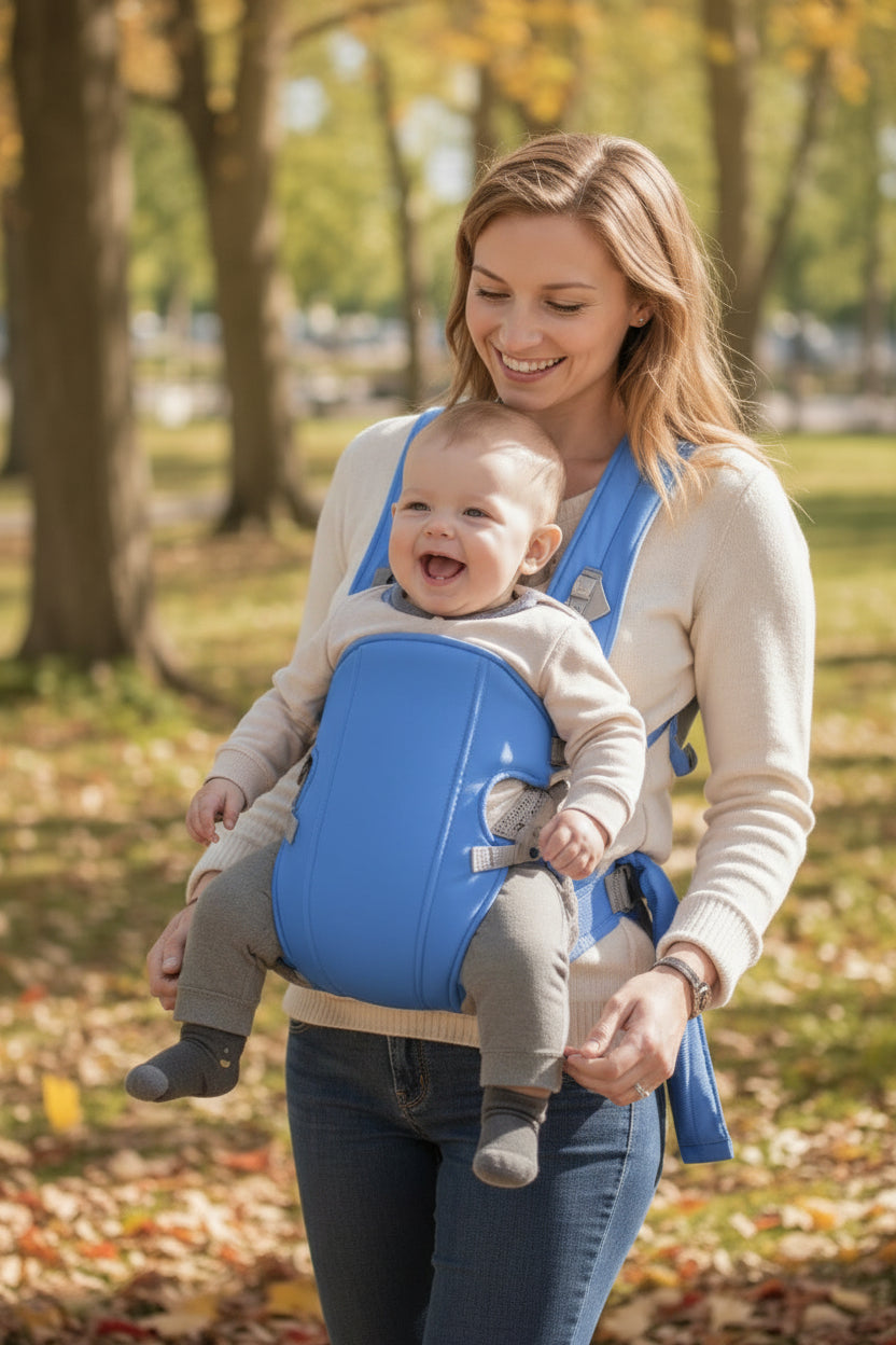 Porte bebe bleu clair maman au parc avec bébé