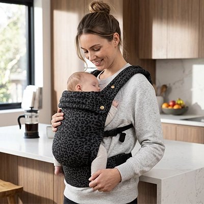 Porte bebe leopard gris noir maman avec bébé dans cuisine
