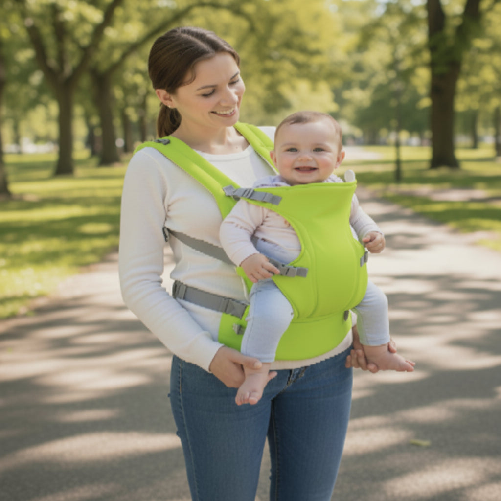 Porte bebe vert avec bébé tout collé contre maman au parc