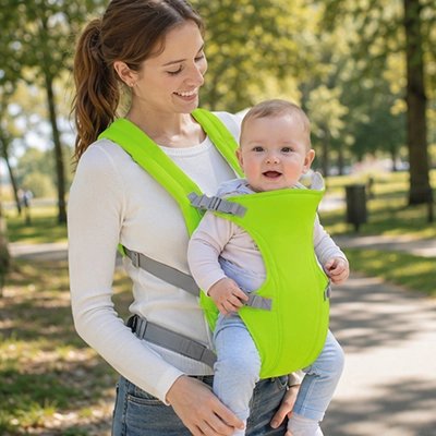 Porte bebe vert maman avec bébé au parc