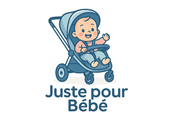 Image pour un logo, un bébé qui sourit dans une poussette avec description Juste pour bébé.
