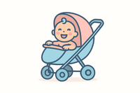 Image pour un logo, un bébé qui sourit dans une poussette.