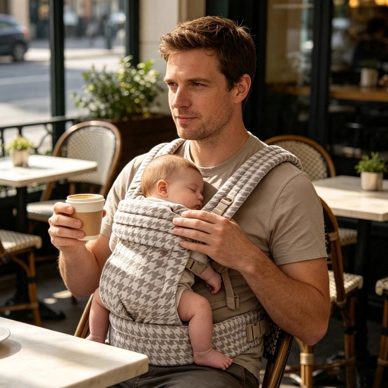 Porte bebe beige avec bébé qui dort confortablement pendant que papa assis au restaurant prend café