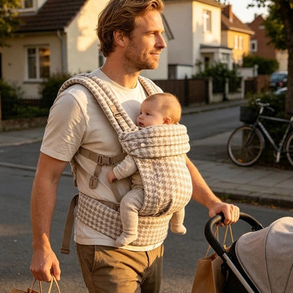 Porte bebe beige utilisé par papa qui porte son bébé, pousse une poussette et  tient des sacs dans son quartier