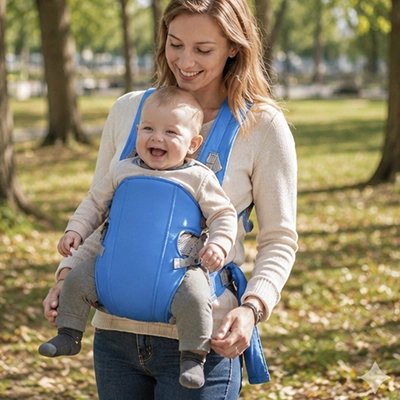 Porte bebe bleu clair maman au parc avec bébé