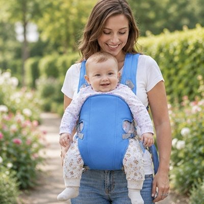 Porte bebe bleu clair maman avec bébé en balade