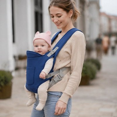 Porte bébé bleu maman avec bébé un chapeau