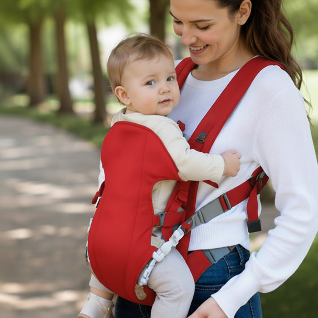 Porte bebe café avec bébé tout collé contre maman au parc
