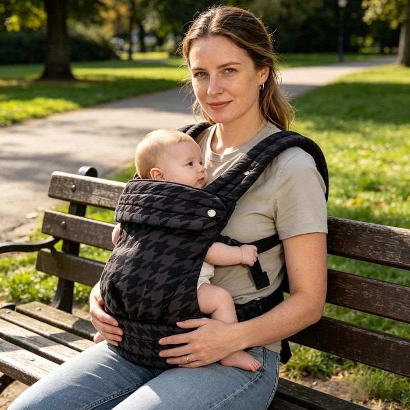Porte bebe gris avec bébé installé face à la maman assise au parc