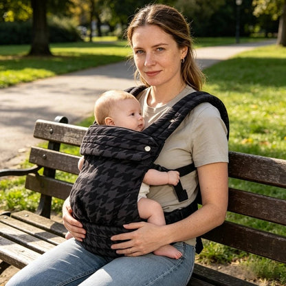 Porte bebe gris avec bébé installé face à la maman assise au parc