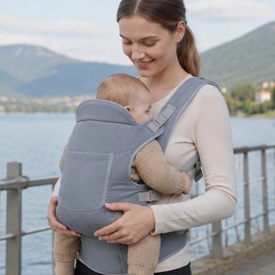 Porte bébé gris maman avec bébé fait une balade