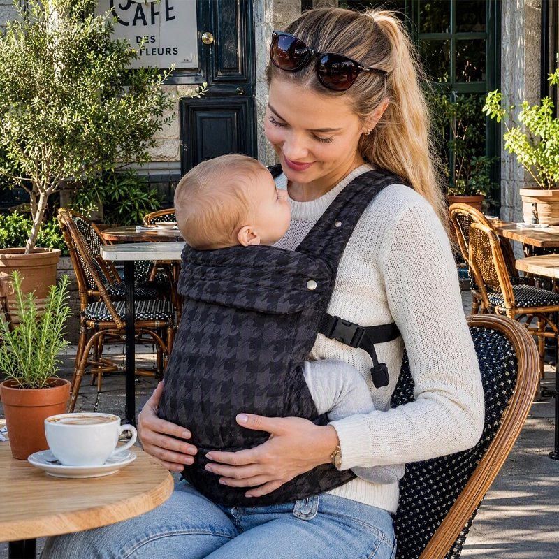 Porte bebe gris porté par maman assise au restaurant qui regarde bébé tout en prenant café
