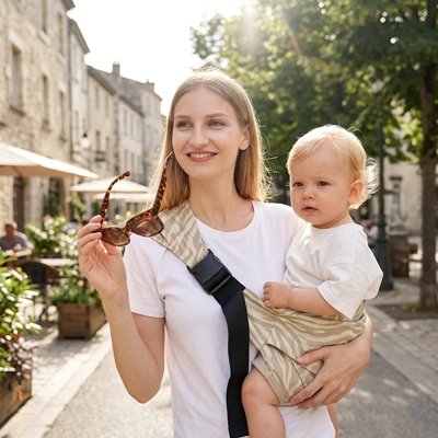 Porte bébé jaune zèbre maman promène avec bébé près elle