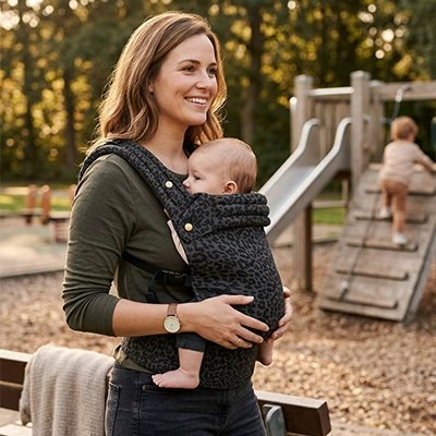 Porte bebe leopard gris noir maman avec bébé au parc