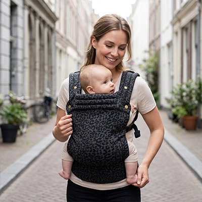 Porte bebe leopard gris noir maman avec bébé en ville