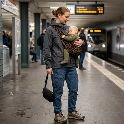 Porte bebe léopard maman au métro avec bébé