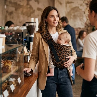 Porte bebe léopard maman au petit café avec bébé