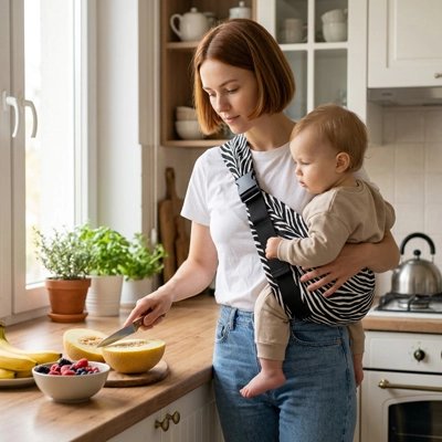 Porte bebe léopard maman prépart le repas avec bébé