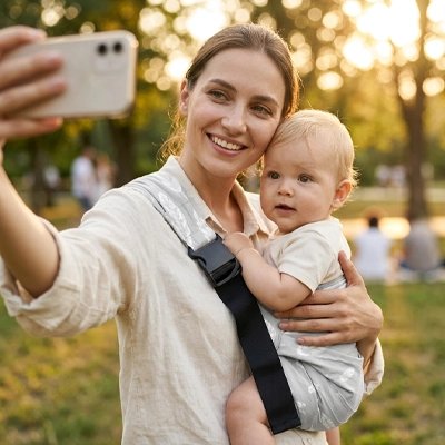 Porte bébé maman avec bébé prend photo