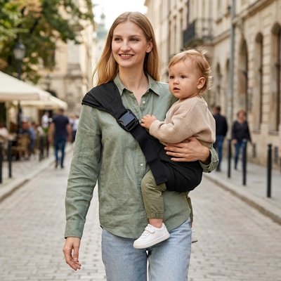 Porte bébé noir maman avecbébé promene