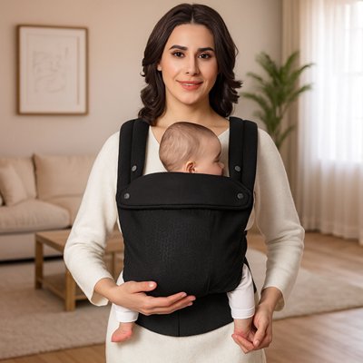 Porte bébé physiologique noir devant maman bebe