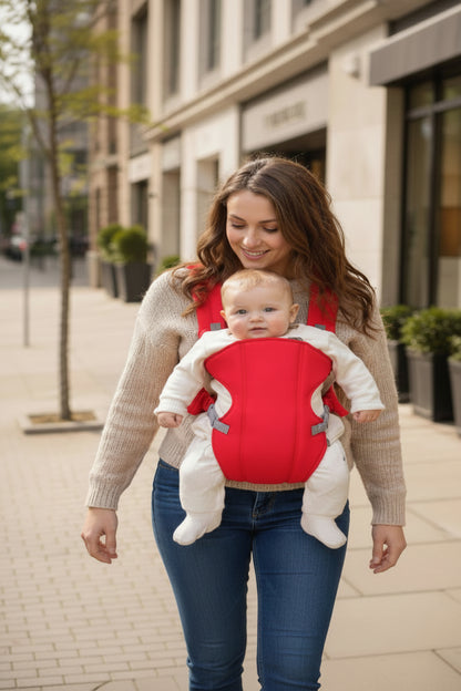 Porte bebe rouge avec bébé tout collé contre maman en balade