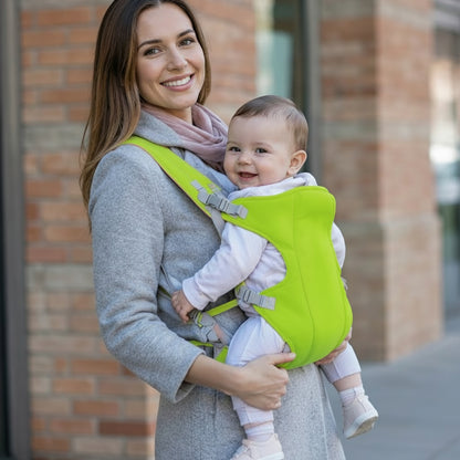 Porte bebe vert tout collé contre maman en balade