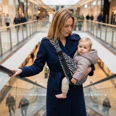 Porte bebe zébre maman au magasin avec bébé