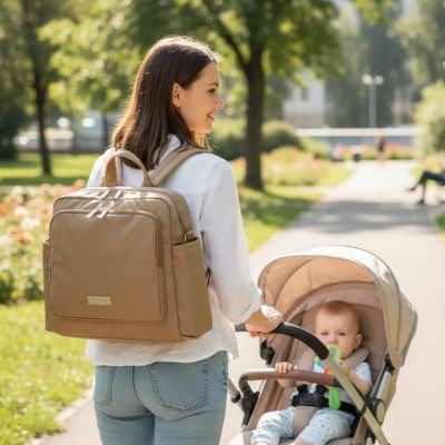 Sac a dos a langer beige maman bebe poussette
