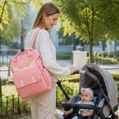 Sac a dos a langer rose maman bébé avec poussette