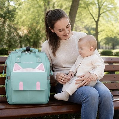 Sac a dos a langer vert maman assis bébé