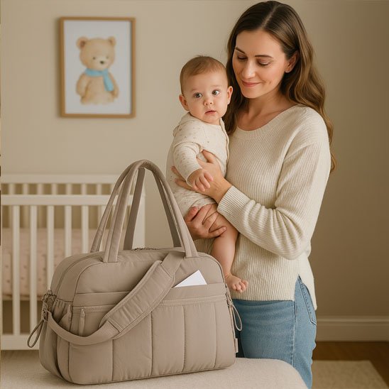 Sac a langer avec maman bébé qui nous regarde