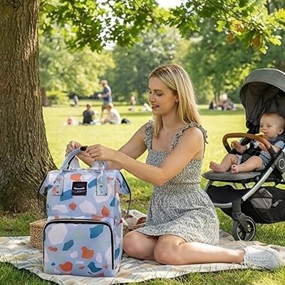 Sac a langer bebe bleu foncé maman avec bébé