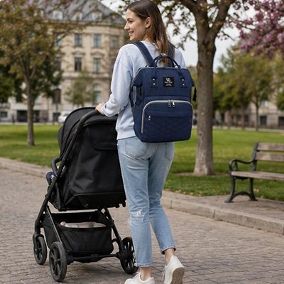 Sac a langer bleu maman bébé dans poussette