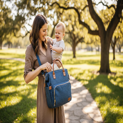 sac a langer bleu maman sourie avec bébé sourie en action au parc
