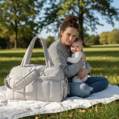 Sac a langer gris maman gilet gris bebe parc