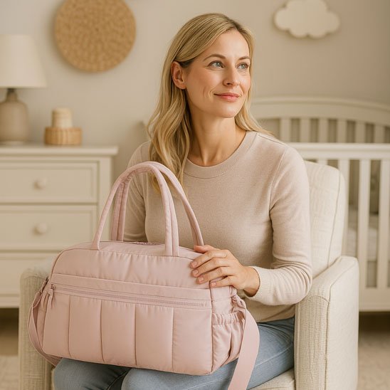 Sac a langer  rose dans les mains maman assise